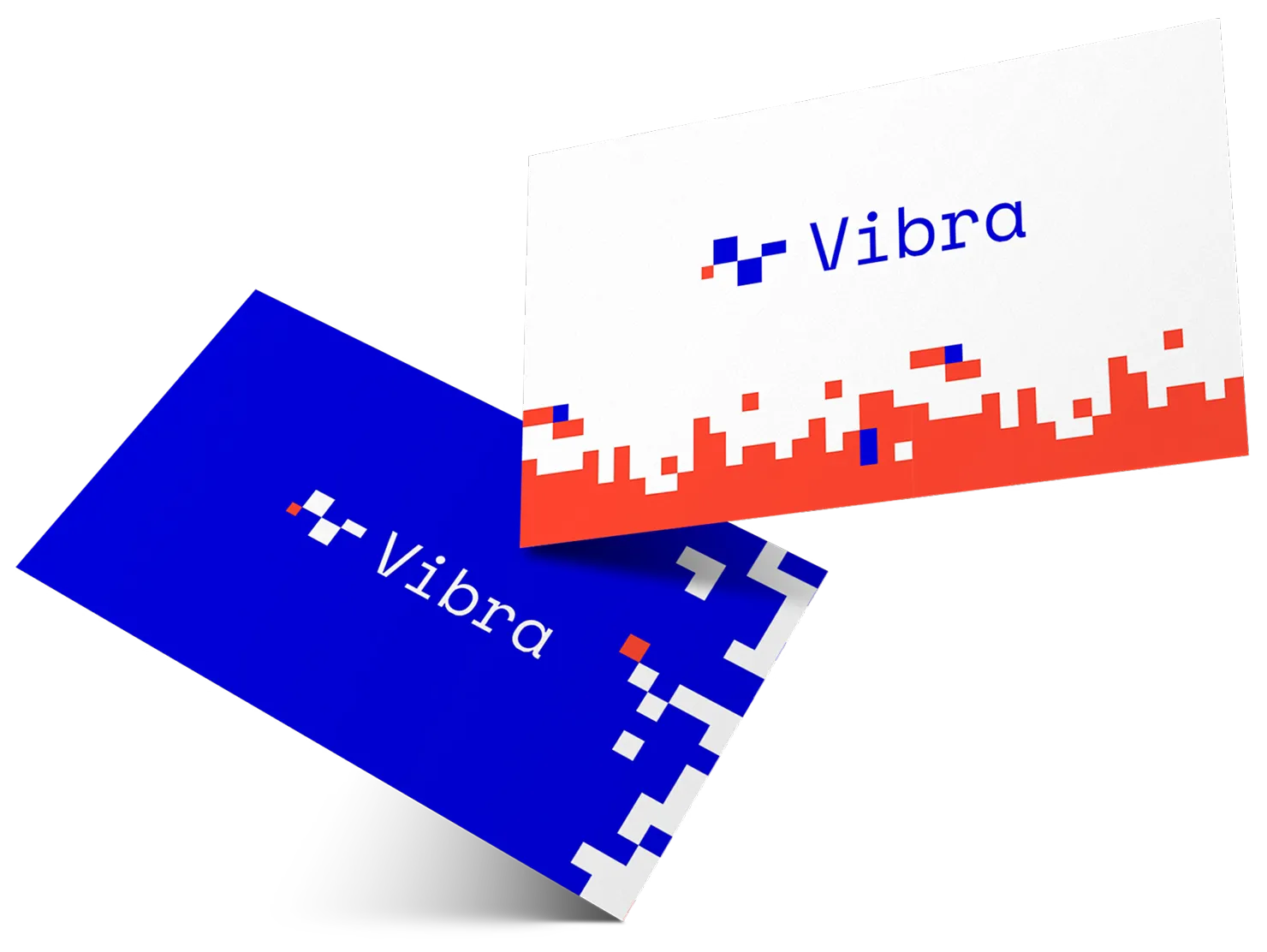 Dos tarjetas personales de Vibra, una azul y una blanca, con la trama de píxeles naranja en el borde