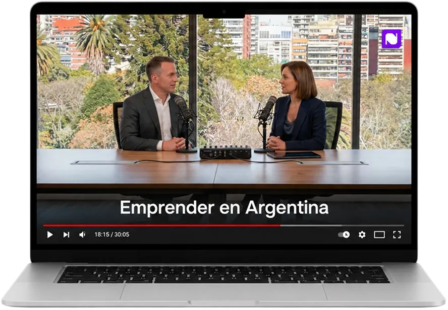 Un episodio de Net Value reproduciéndose, con la placa de título «Emprender en Argentina» y el isotipo fijo en la esquina