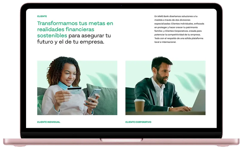 Sección de clientes del sitio de MMG Bank en una laptop