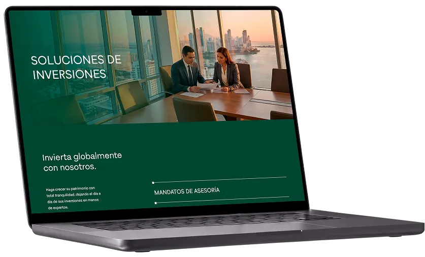 Sección de soluciones de inversiones del sitio de MMG Bank en una laptop