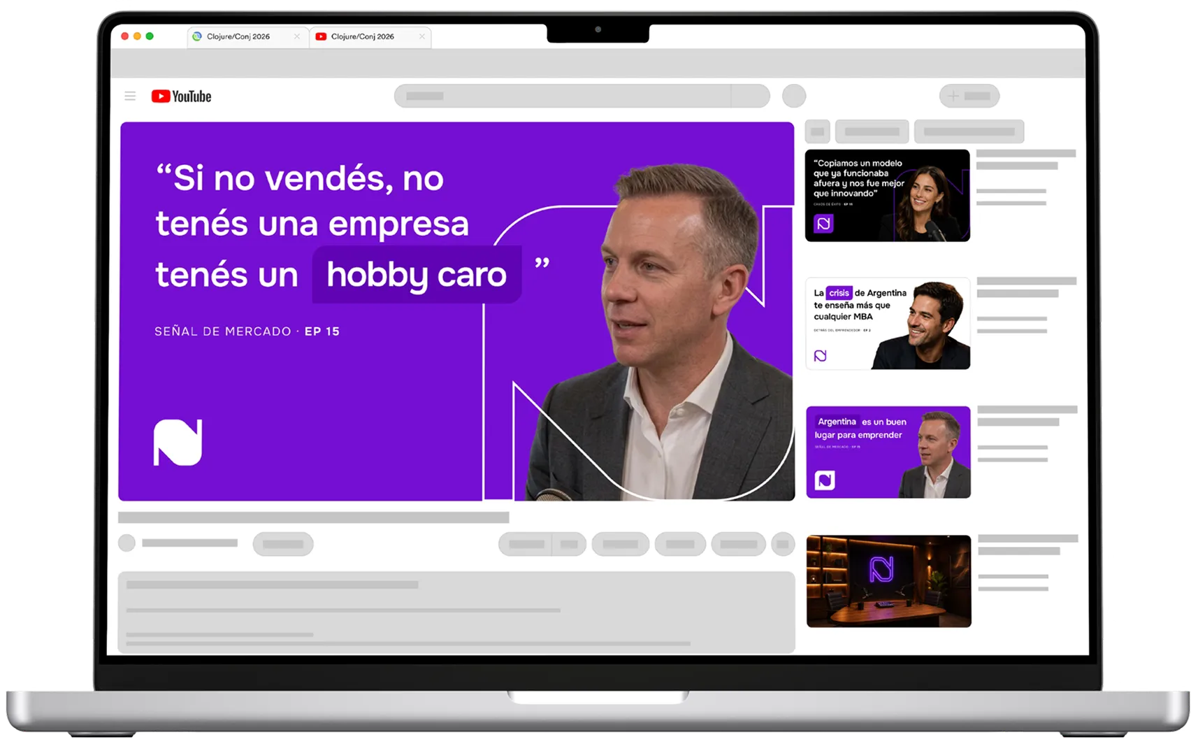 La página de un episodio de Net Value en YouTube, con la miniatura violeta y la lista de episodios sugeridos
