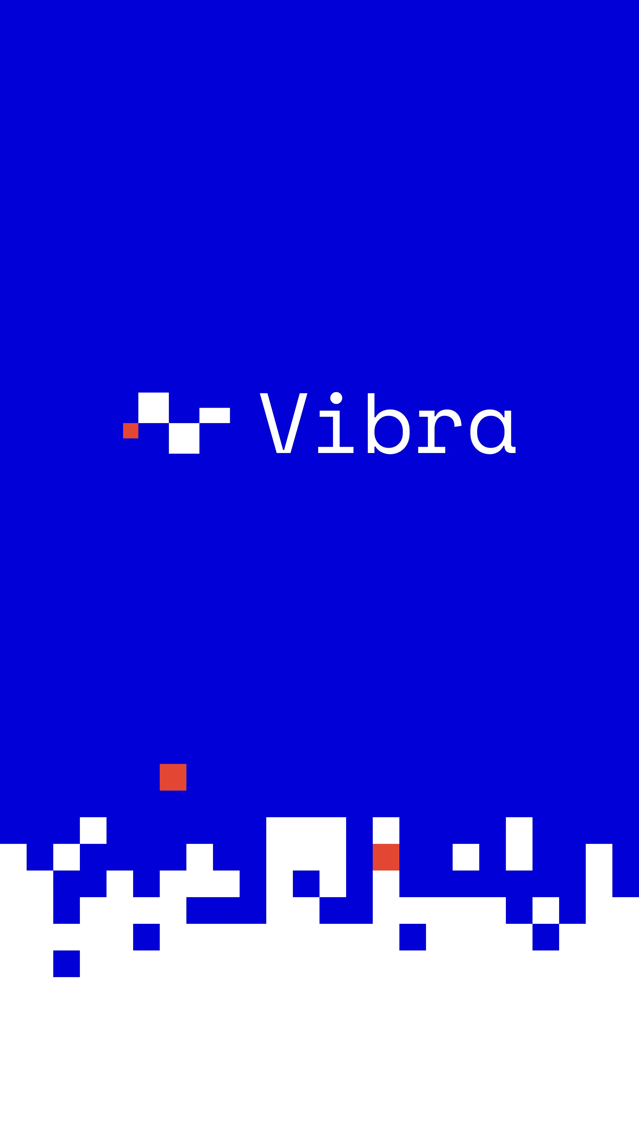 El logotipo de Vibra en blanco sobre azul, con la columna de píxeles que se desintegra hacia el borde derecho