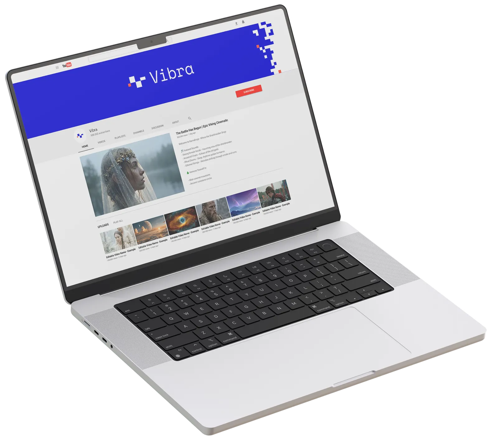 El canal de YouTube de Vibra en una laptop, con la portada azul y la grilla de videos